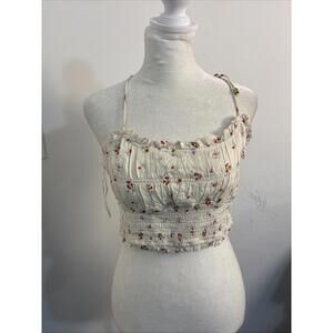 Free People Top Ivory Kaia Floral Smocked Cropped Ruffled Sleeveless Ivory XS